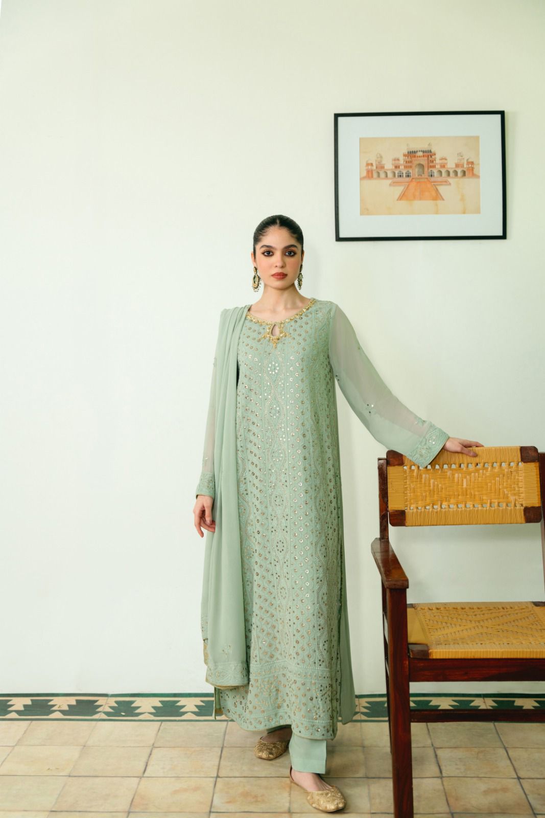 Mint Green Chikankari Cotton Net Salwar Kameez (3-Piece) - Image 5