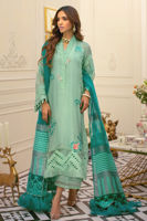 Pakistani Sea Foam Green Embroidered Cotton Net Salwar Kameez (3-Piece) - Image 2