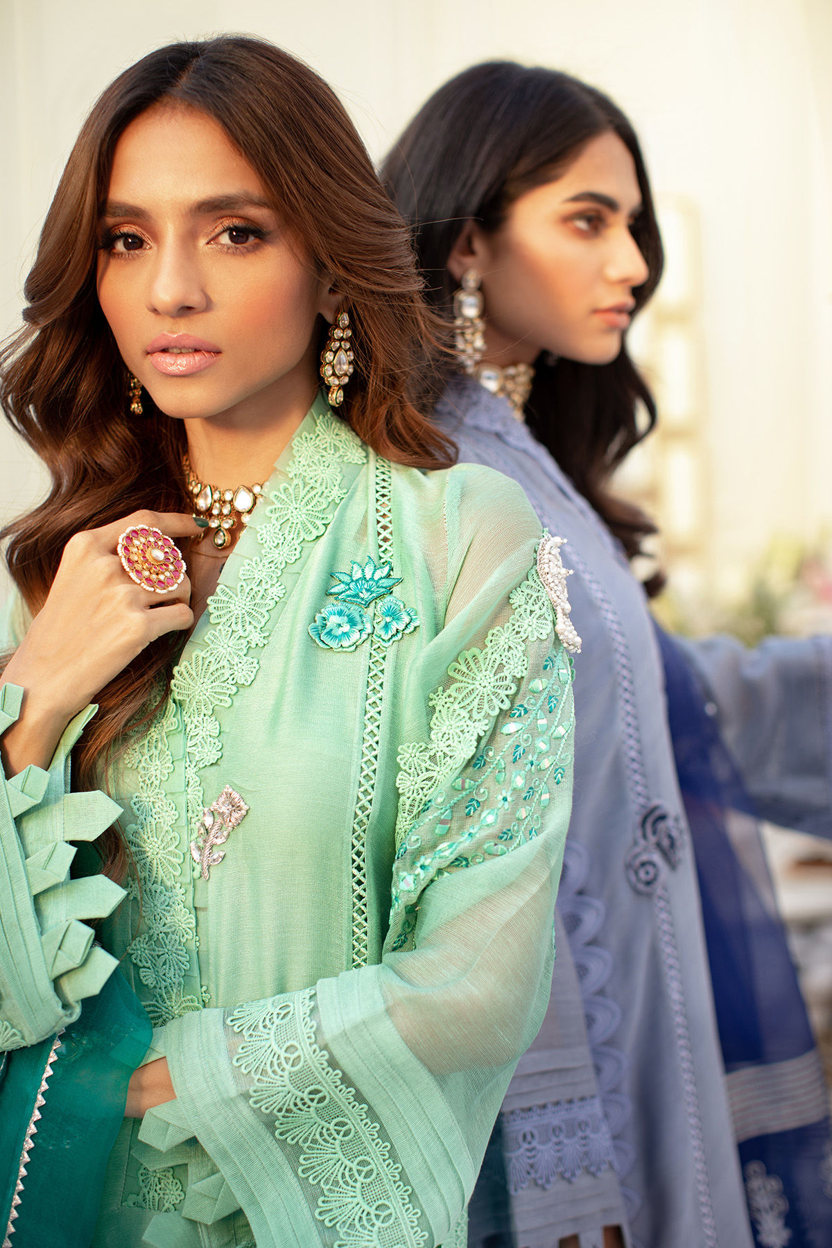 Pakistani Sea Foam Green Embroidered Cotton Net Salwar Kameez (3-Piece) - Image 7