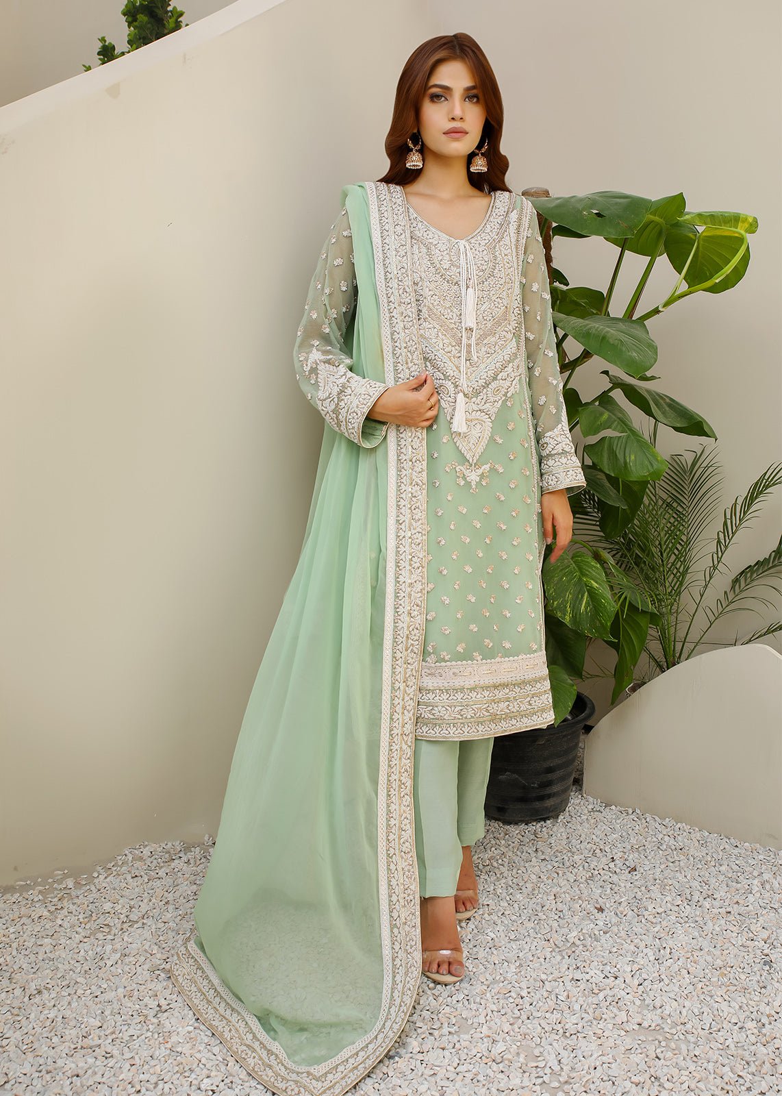Pakistani Pastel Green Embroidered Cotton Net Kurta Set (3-Piece) - Image 1