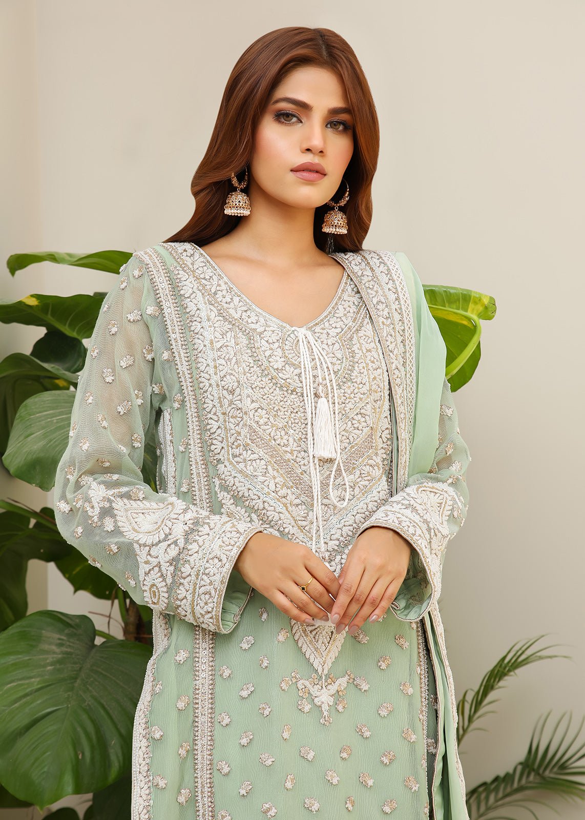 Pakistani Pastel Green Embroidered Cotton Net Kurta Set (3-Piece) - Image 2