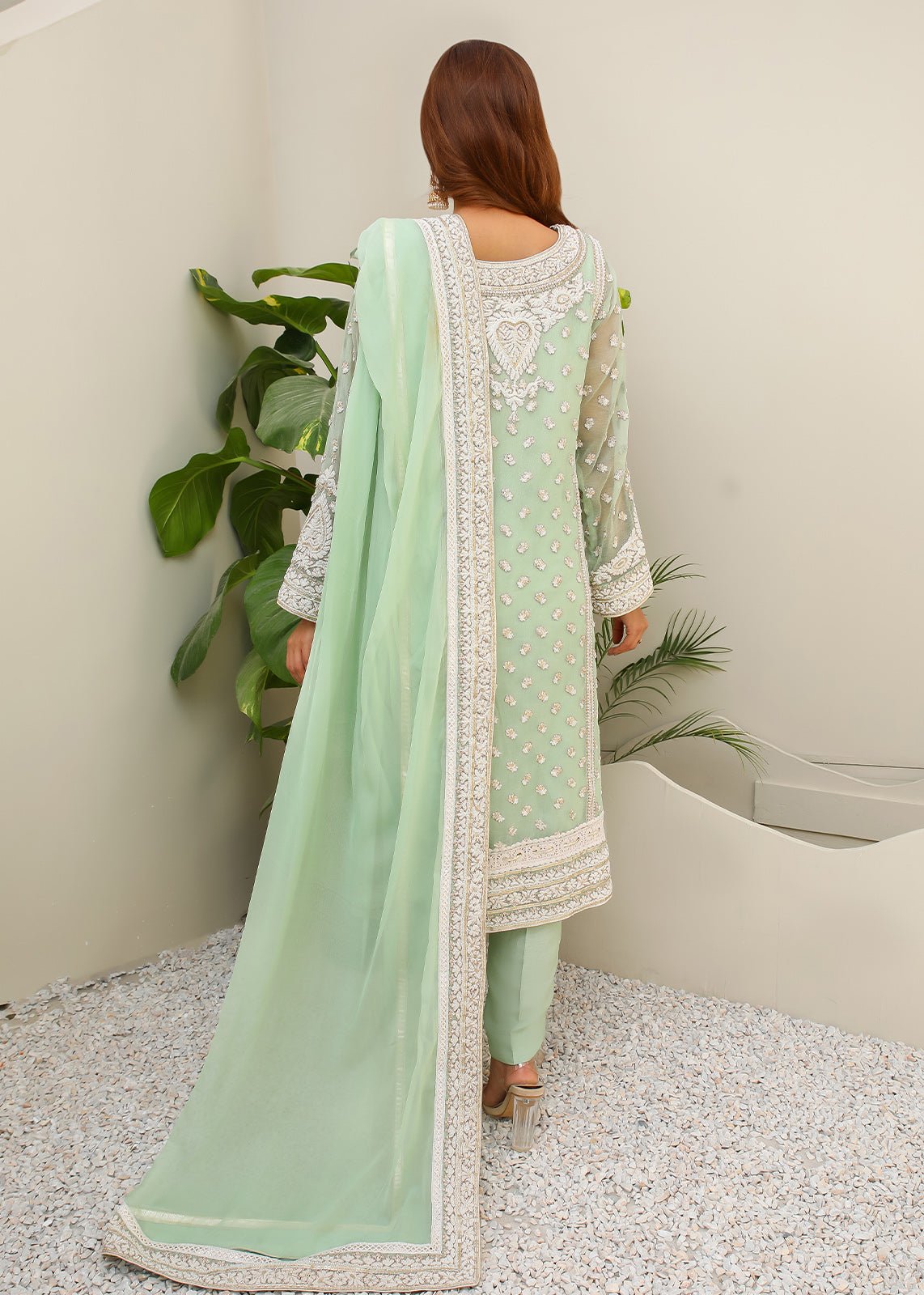 Pakistani Pastel Green Embroidered Cotton Net Kurta Set (3-Piece) - Image 3