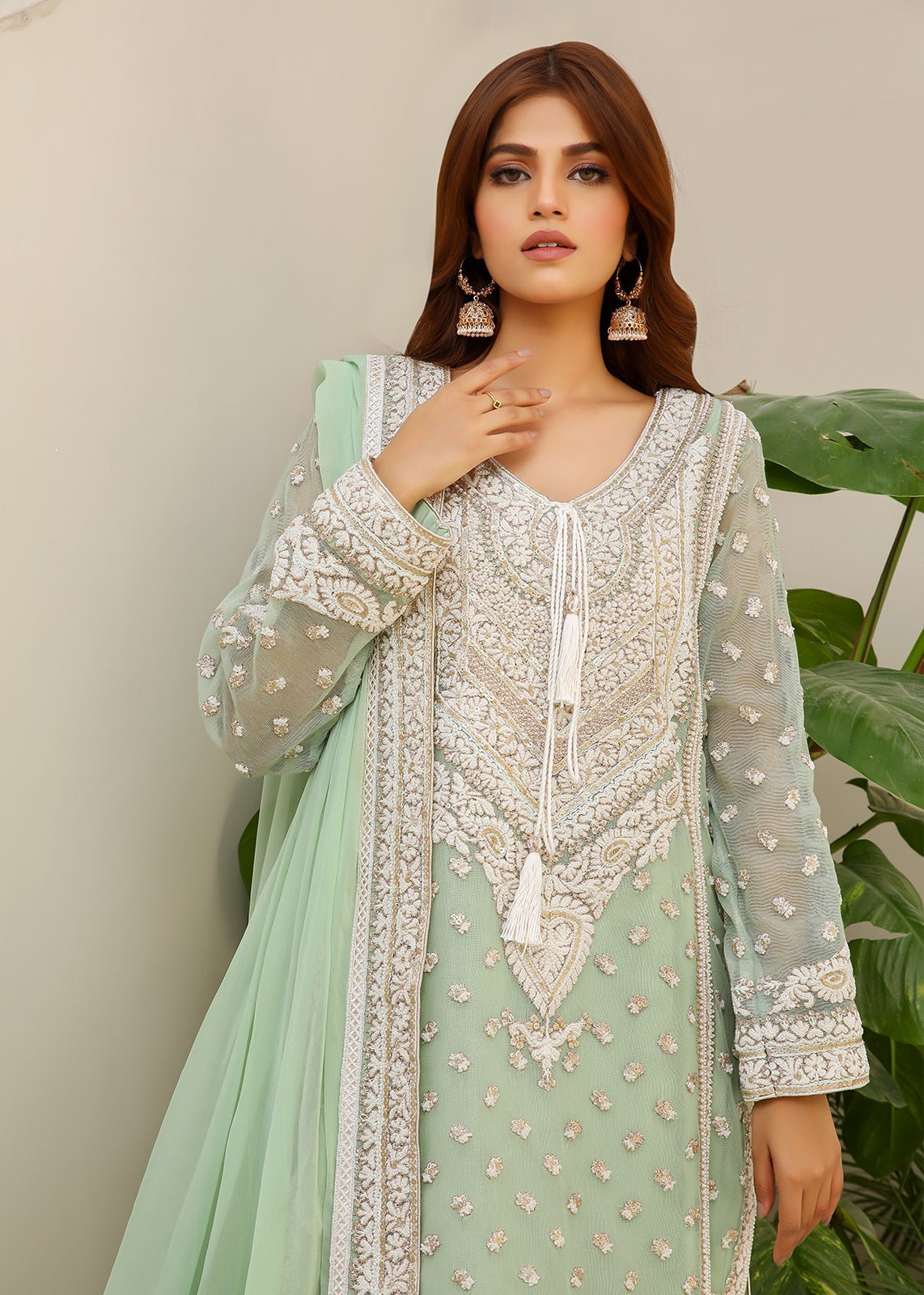 Pakistani Pastel Green Embroidered Cotton Net Kurta Set (3-Piece) - Image 4