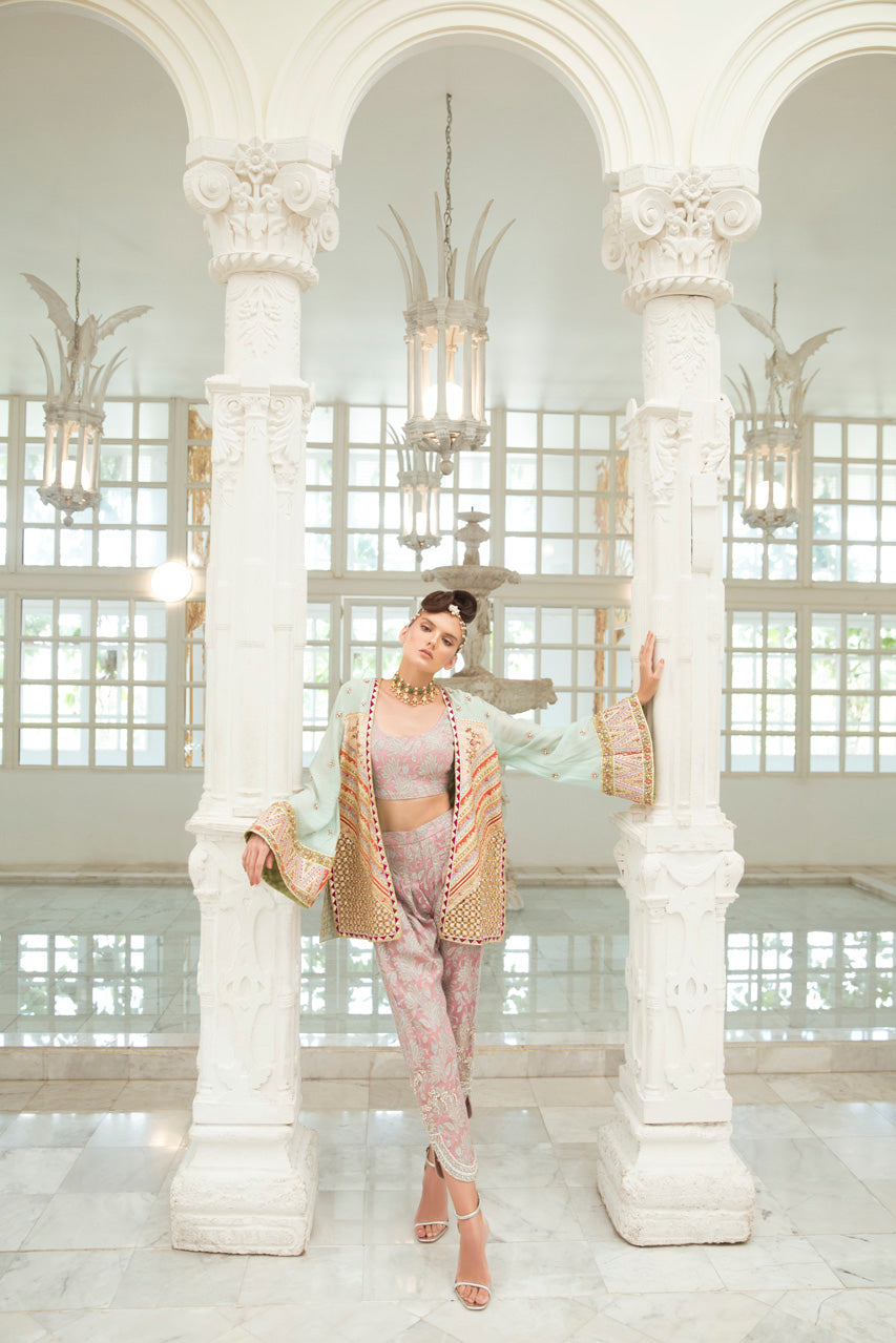 Pakistani Mint Gota Embroidered Cotton Net Jacket with Jamawar Shalwar (2-Piece) - Image 1