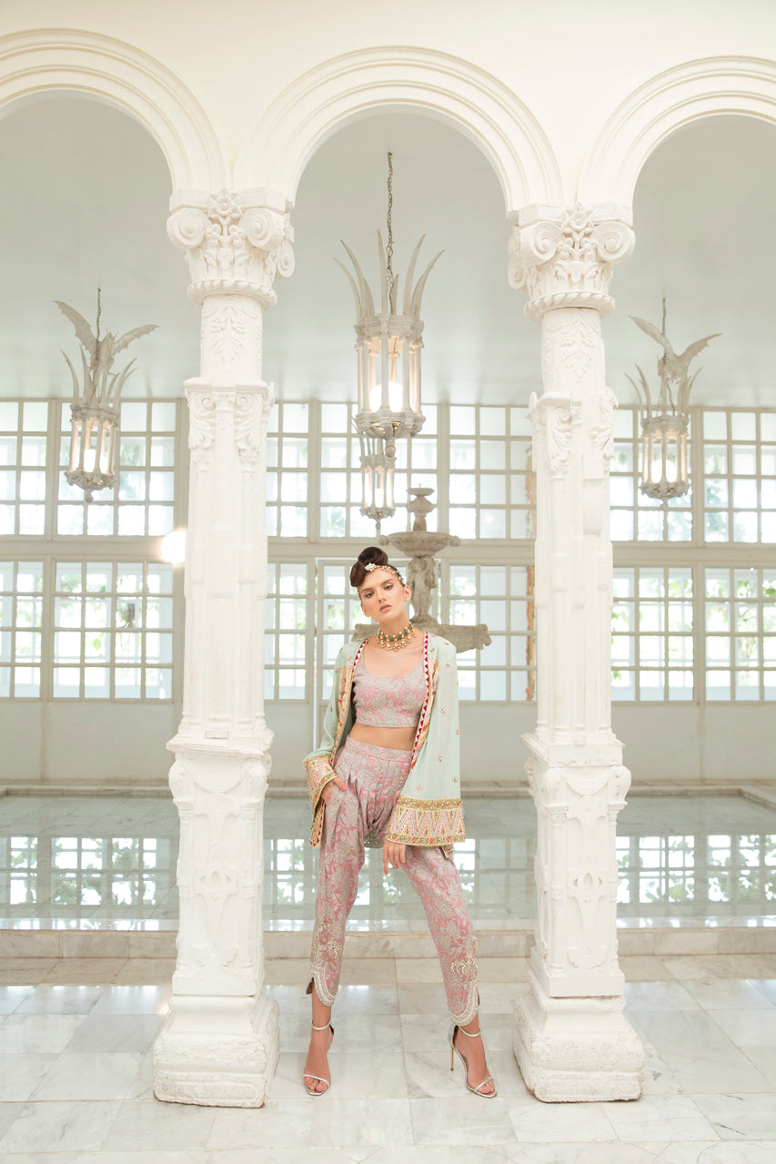 Pakistani Mint Gota Embroidered Cotton Net Jacket with Jamawar Shalwar (2-Piece) - Image 2