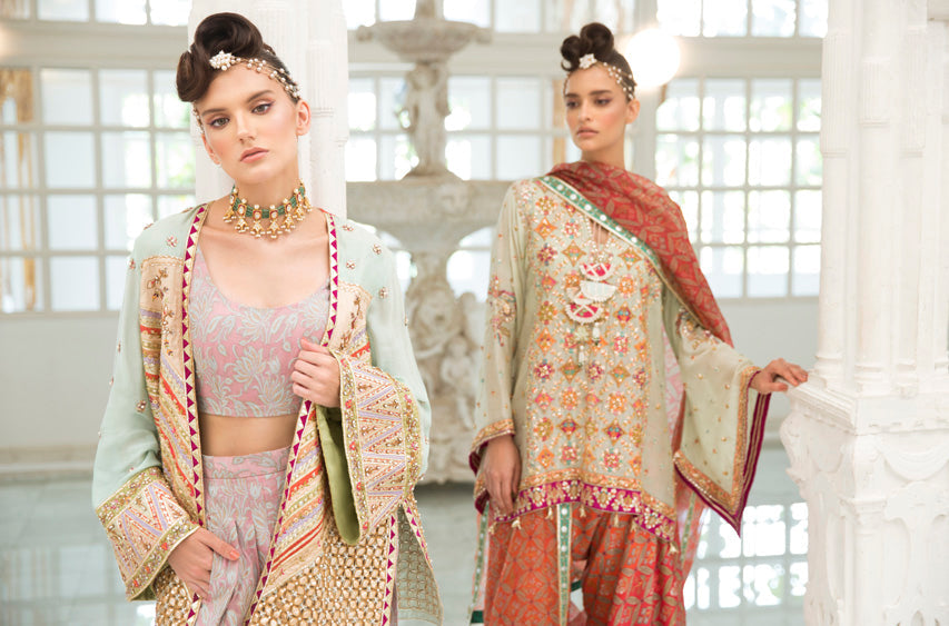 Pakistani Mint Gota Embroidered Cotton Net Jacket with Jamawar Shalwar (2-Piece) - Image 3