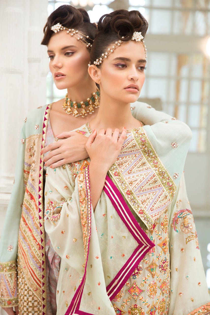 Pakistani Mint Gota Embroidered Cotton Net Jacket with Jamawar Shalwar (2-Piece) - Image 4