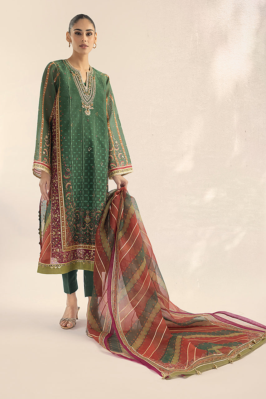 Parrot Green Gota Embroidered Cotton Net Kurta (3-Piece) - Image 1