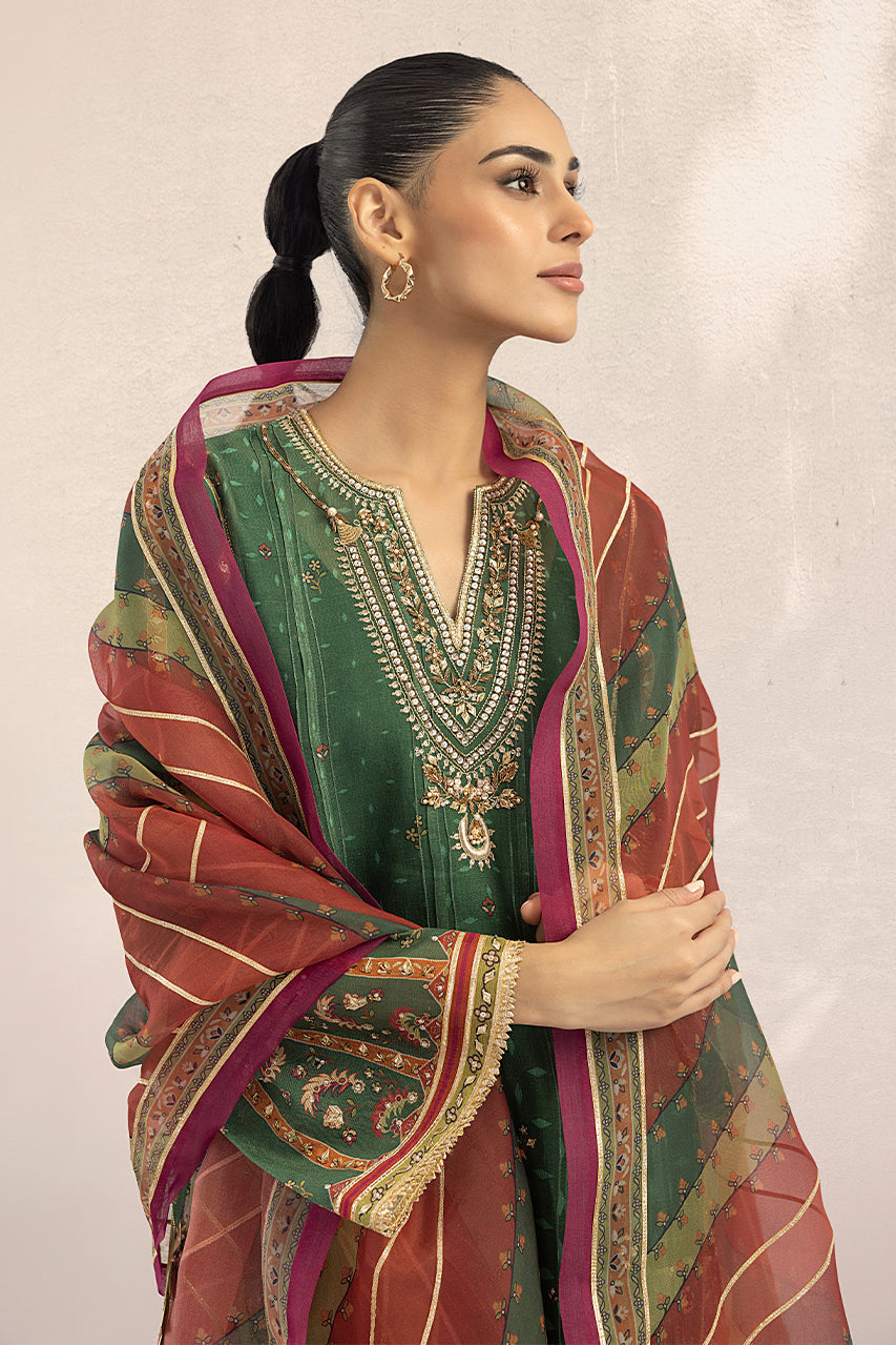 Parrot Green Gota Embroidered Cotton Net Kurta (3-Piece) - Image 2