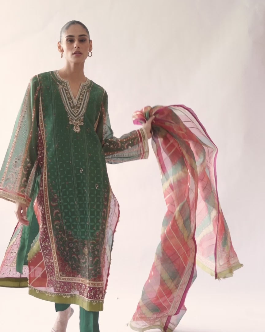 Parrot Green Gota Embroidered Cotton Net Kurta (3-Piece) - Image 4