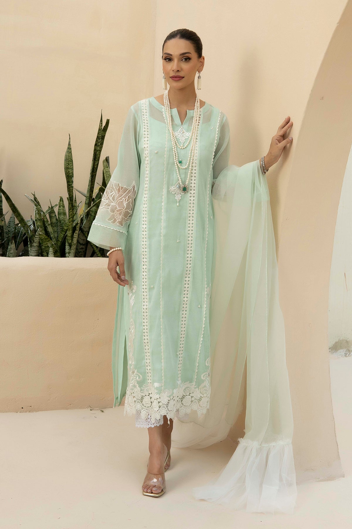 Mint Lace-Panelled Cotton Net Salwar Kameez (3-Piece) - Image 1