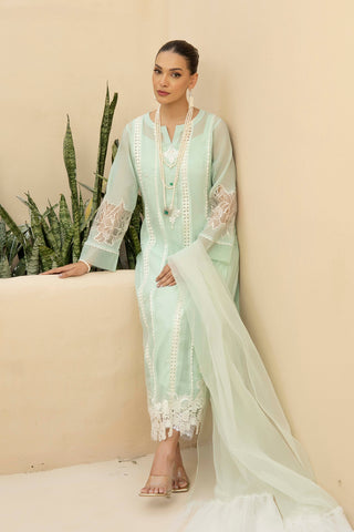 Mint Lace-Panelled Cotton Net Salwar Kameez (3-Piece) - Image 4