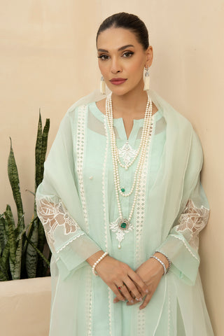 Mint Lace-Panelled Cotton Net Salwar Kameez (3-Piece) - Image 5