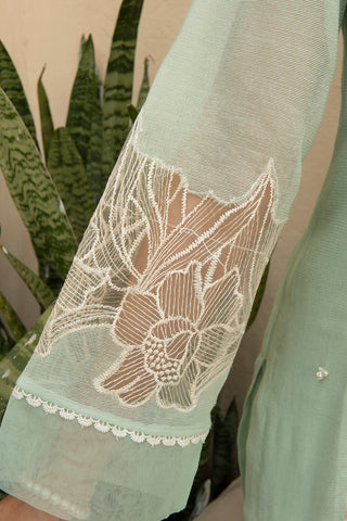 Mint Lace-Panelled Cotton Net Salwar Kameez (3-Piece) - Image 7