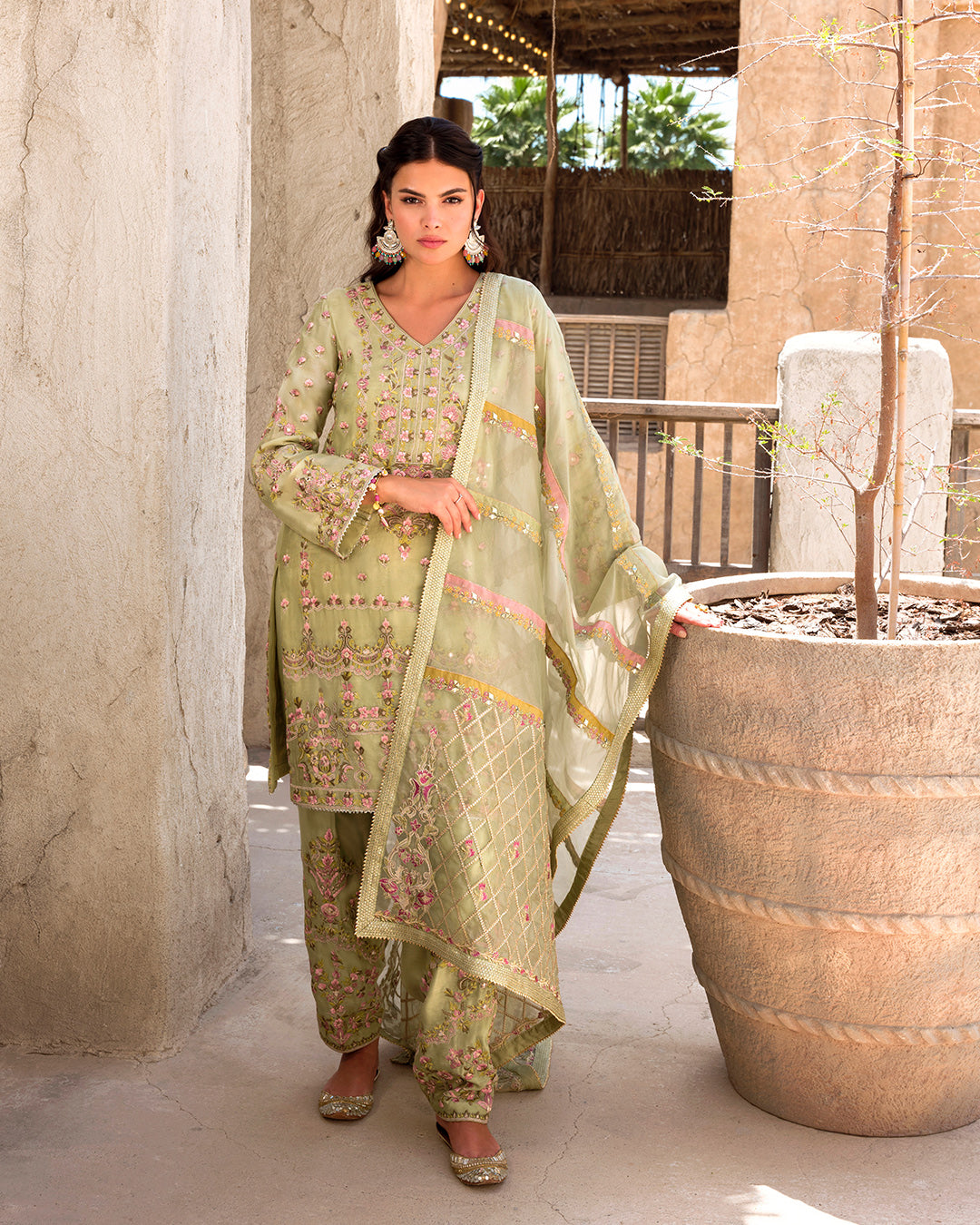 Pakistani Pistachio Embroidered Cotton Net Salwar Kameez (3-Piece) - Image 2