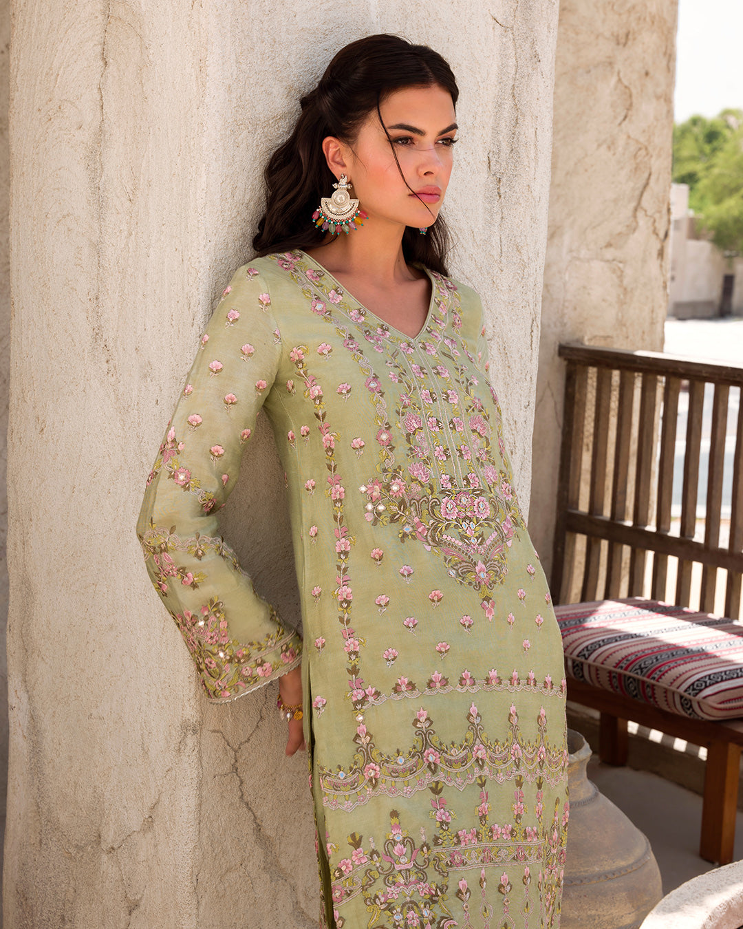 Pakistani Pistachio Embroidered Cotton Net Salwar Kameez (3-Piece) - Image 3