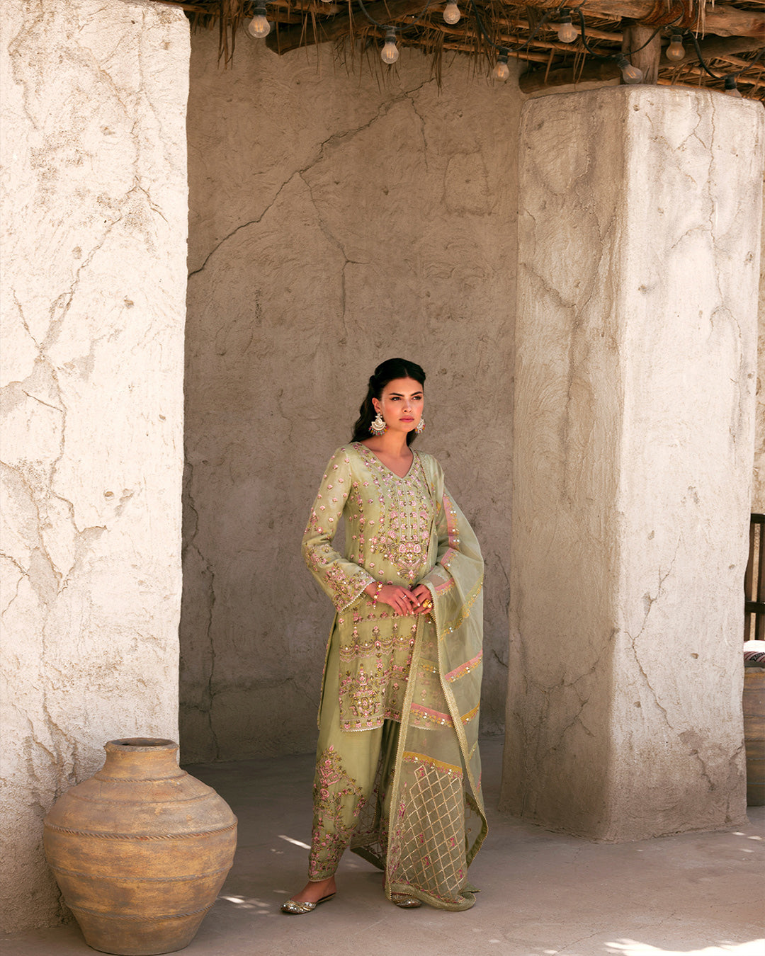 Pakistani Pistachio Embroidered Cotton Net Salwar Kameez (3-Piece) - Image 8