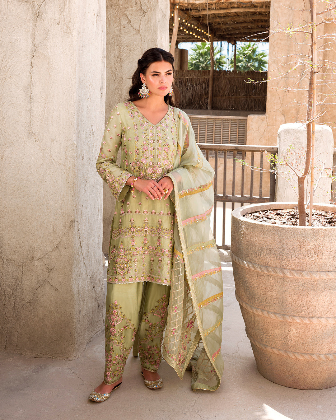 Pakistani Pistachio Embroidered Cotton Net Salwar Kameez (3-Piece) - Image 1