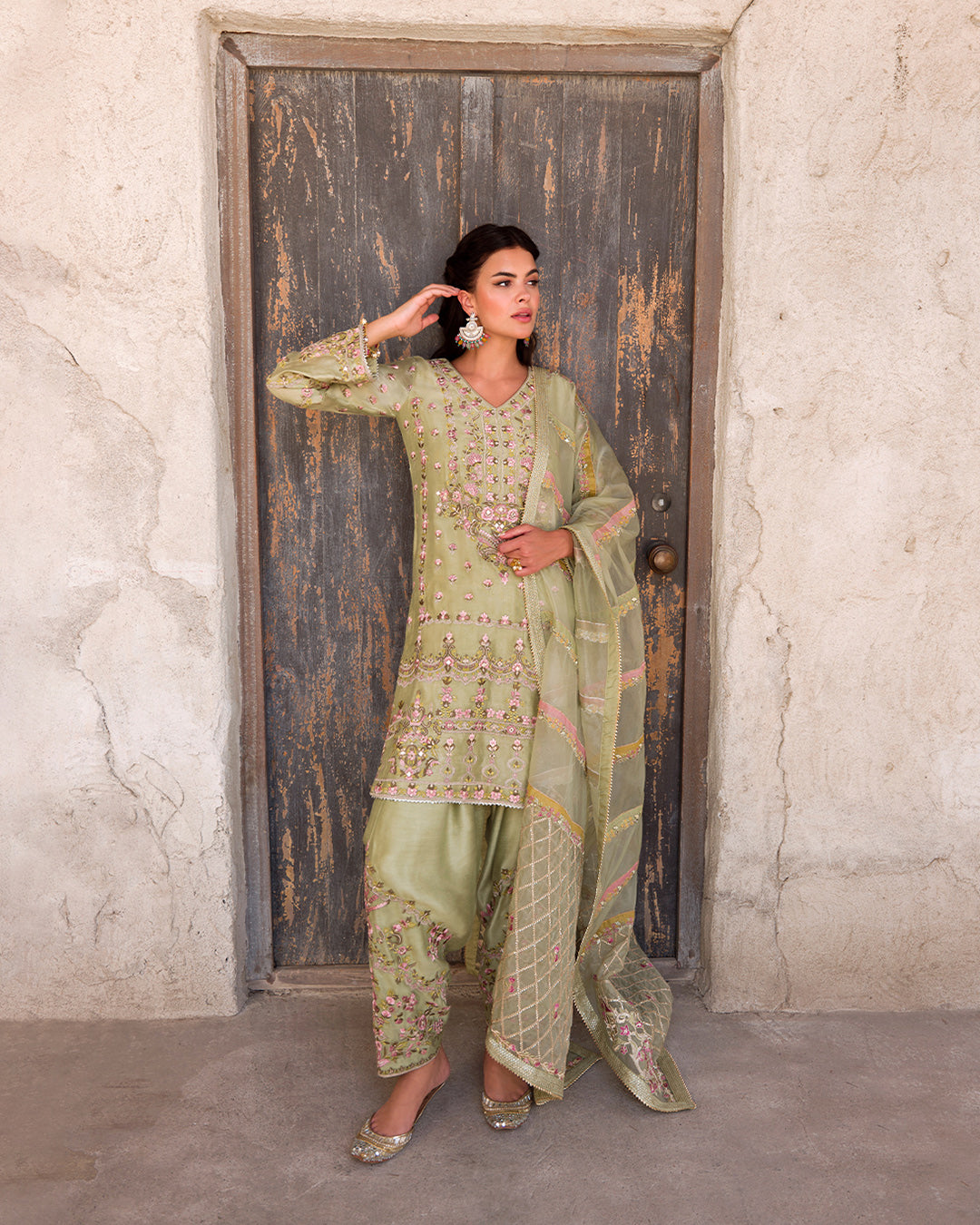 Pakistani Pistachio Embroidered Cotton Net Salwar Kameez (3-Piece) - Image 4