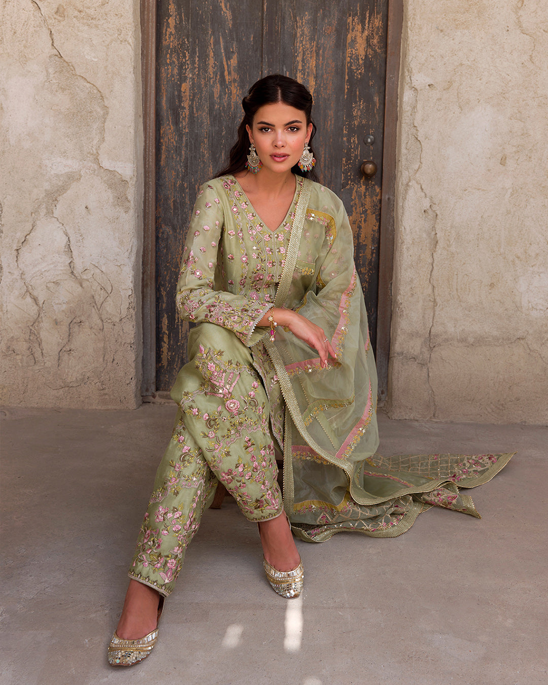 Pakistani Pistachio Embroidered Cotton Net Salwar Kameez (3-Piece) - Image 5