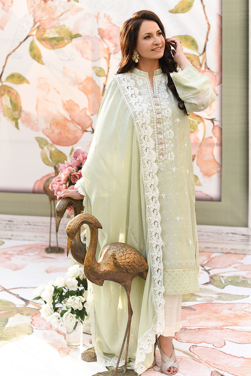 Soft Green Embroidered Cotton Net Salwar Kameez (3-Piece) - Image 1