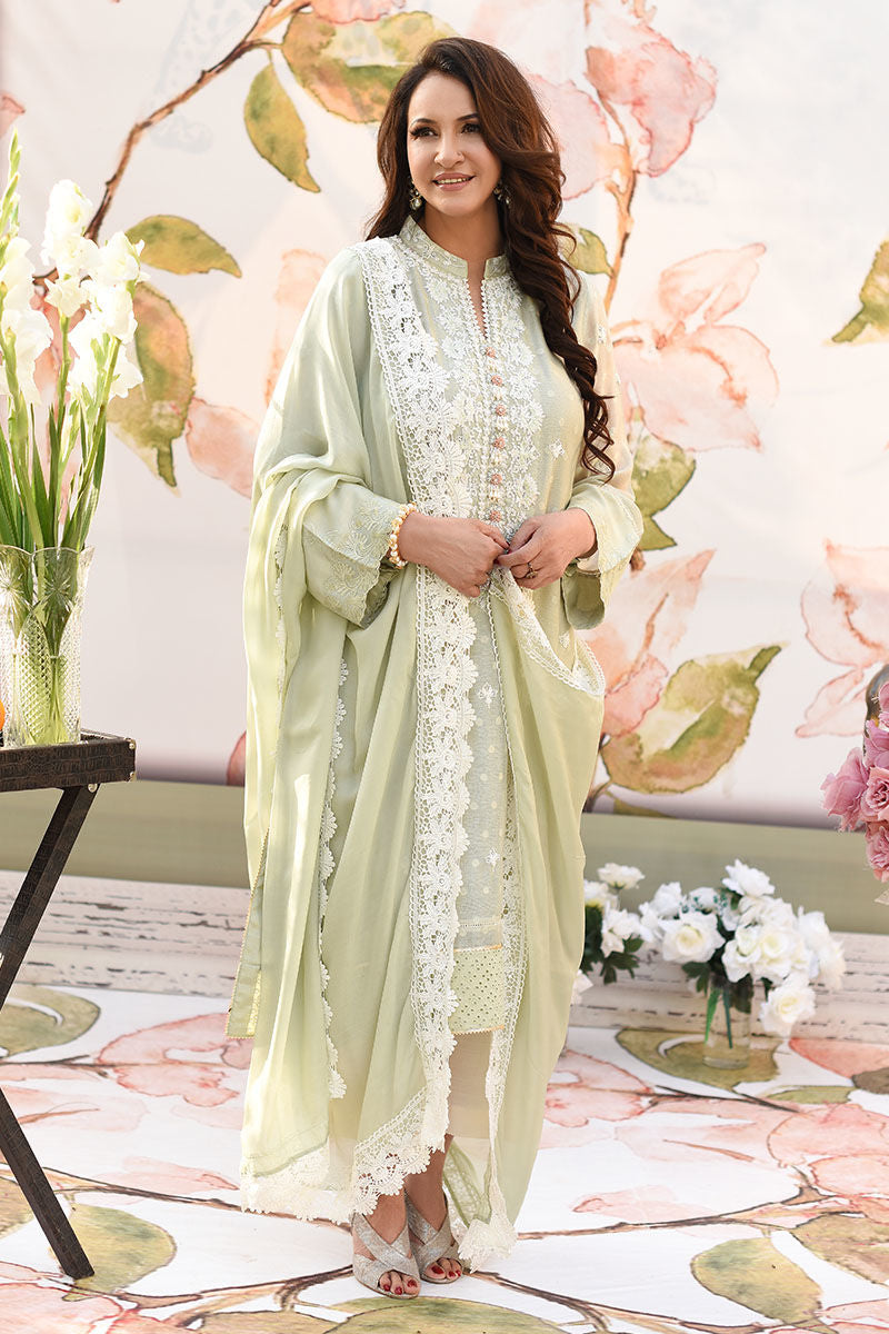 Soft Green Embroidered Cotton Net Salwar Kameez (3-Piece) - Image 2