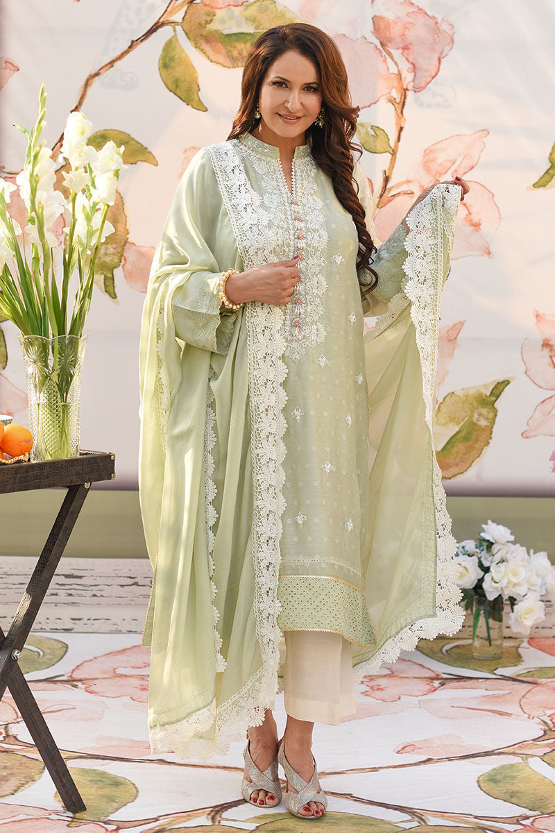 Soft Green Embroidered Cotton Net Salwar Kameez (3-Piece) - Image 3