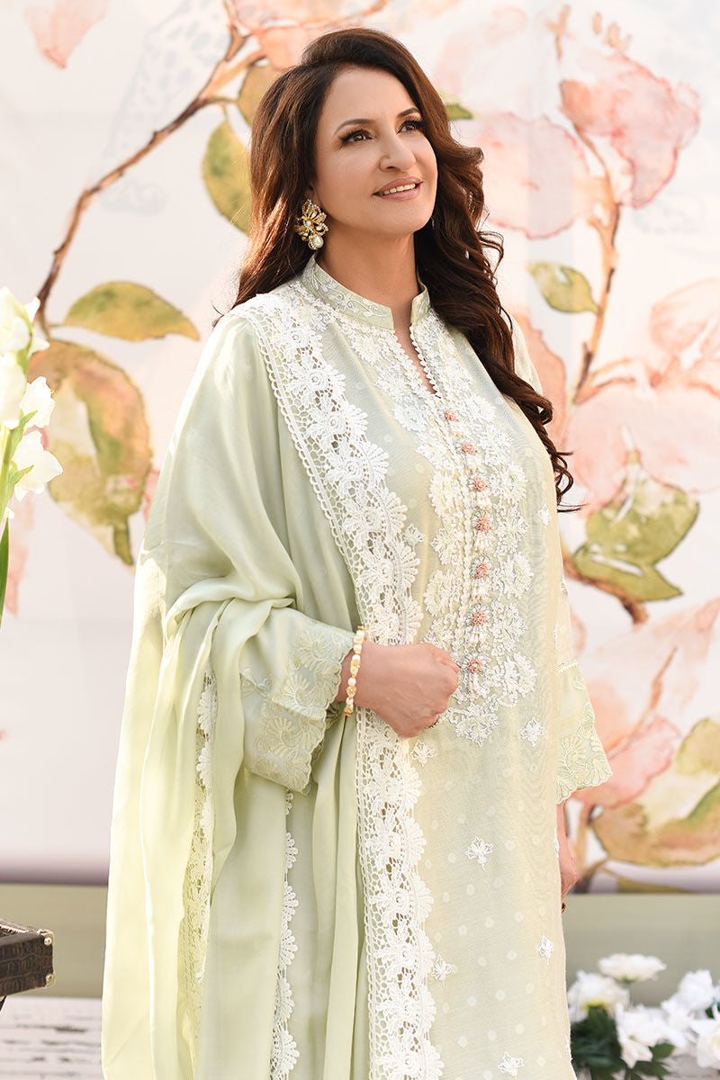 Soft Green Embroidered Cotton Net Salwar Kameez (3-Piece) - Image 4