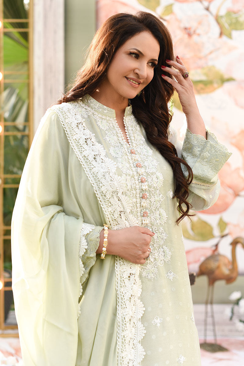 Soft Green Embroidered Cotton Net Salwar Kameez (3-Piece) - Image 5