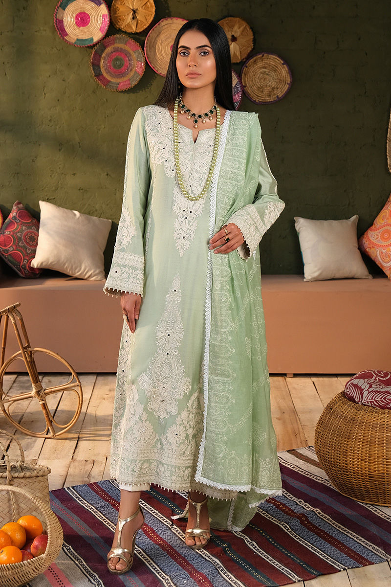 Pakistani Sea Green Embroidered Cotton Net Salwar Kameez (3-Piece) - Image 1