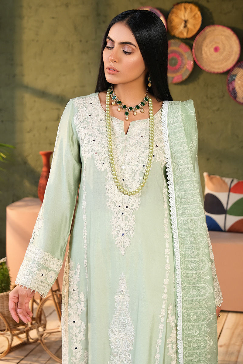 Pakistani Sea Green Embroidered Cotton Net Salwar Kameez (3-Piece) - Image 2