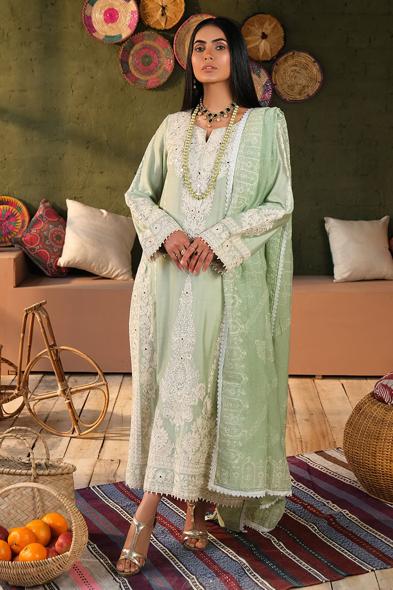 Pakistani Sea Green Embroidered Cotton Net Salwar Kameez (3-Piece) - Image 3