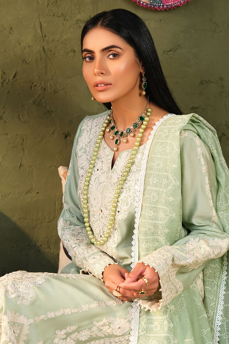 Pakistani Sea Green Embroidered Cotton Net Salwar Kameez (3-Piece) - Image 4