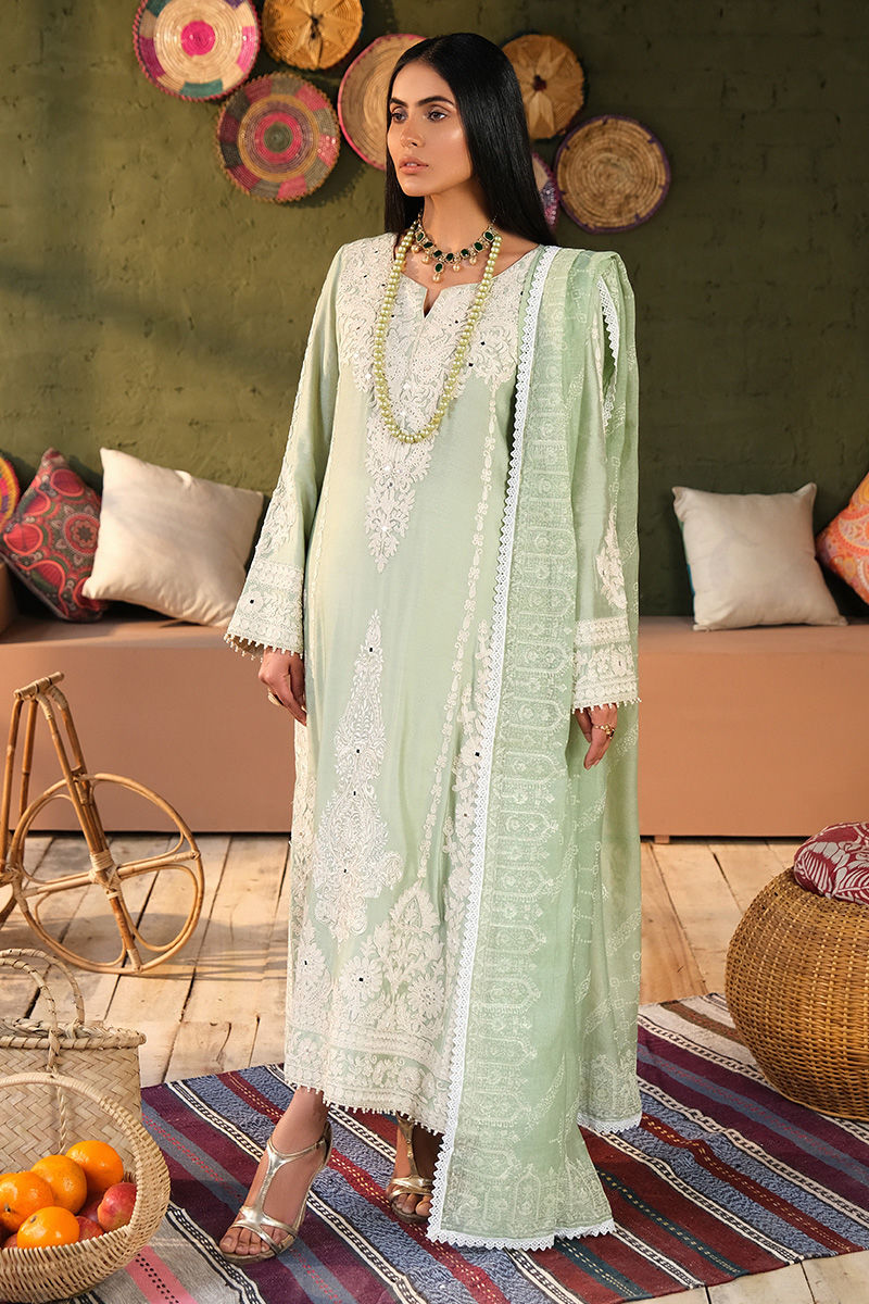 Pakistani Sea Green Embroidered Cotton Net Salwar Kameez (3-Piece) - Image 5
