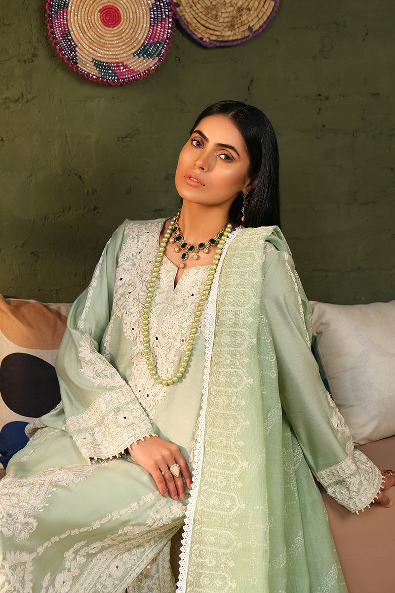 Pakistani Sea Green Embroidered Cotton Net Salwar Kameez (3-Piece) - Image 6