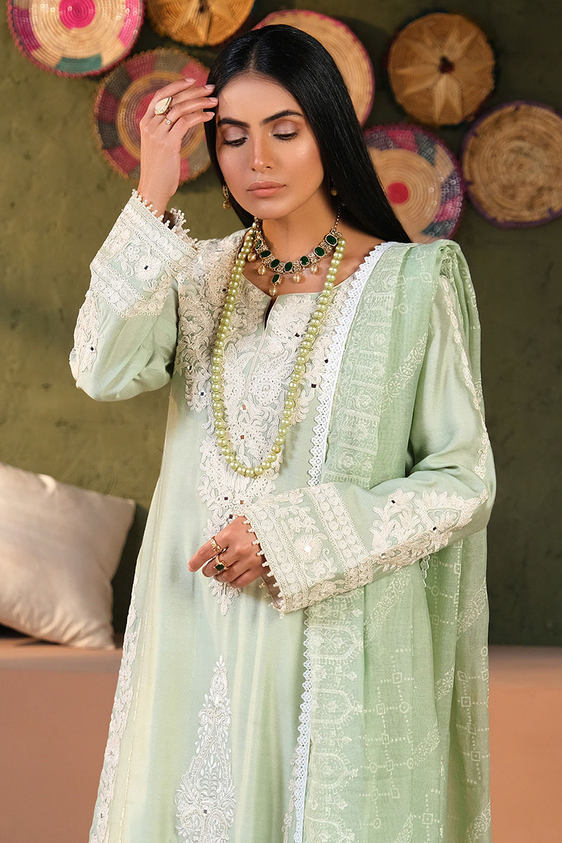 Pakistani Sea Green Embroidered Cotton Net Salwar Kameez (3-Piece) - Image 7
