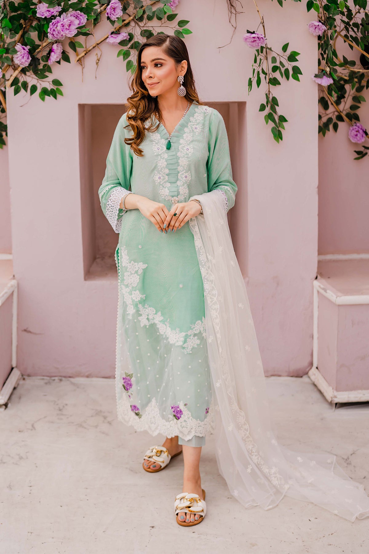 Mint Embroidered Cotton Net Salwar Kameez (3-Piece) - Image 1