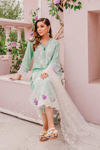Mint Embroidered Cotton Net Salwar Kameez (3-Piece) - Image 4