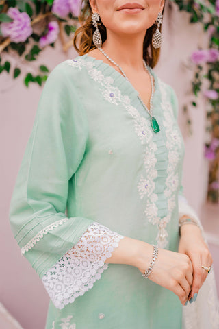 Mint Embroidered Cotton Net Salwar Kameez (3-Piece) - Image 5