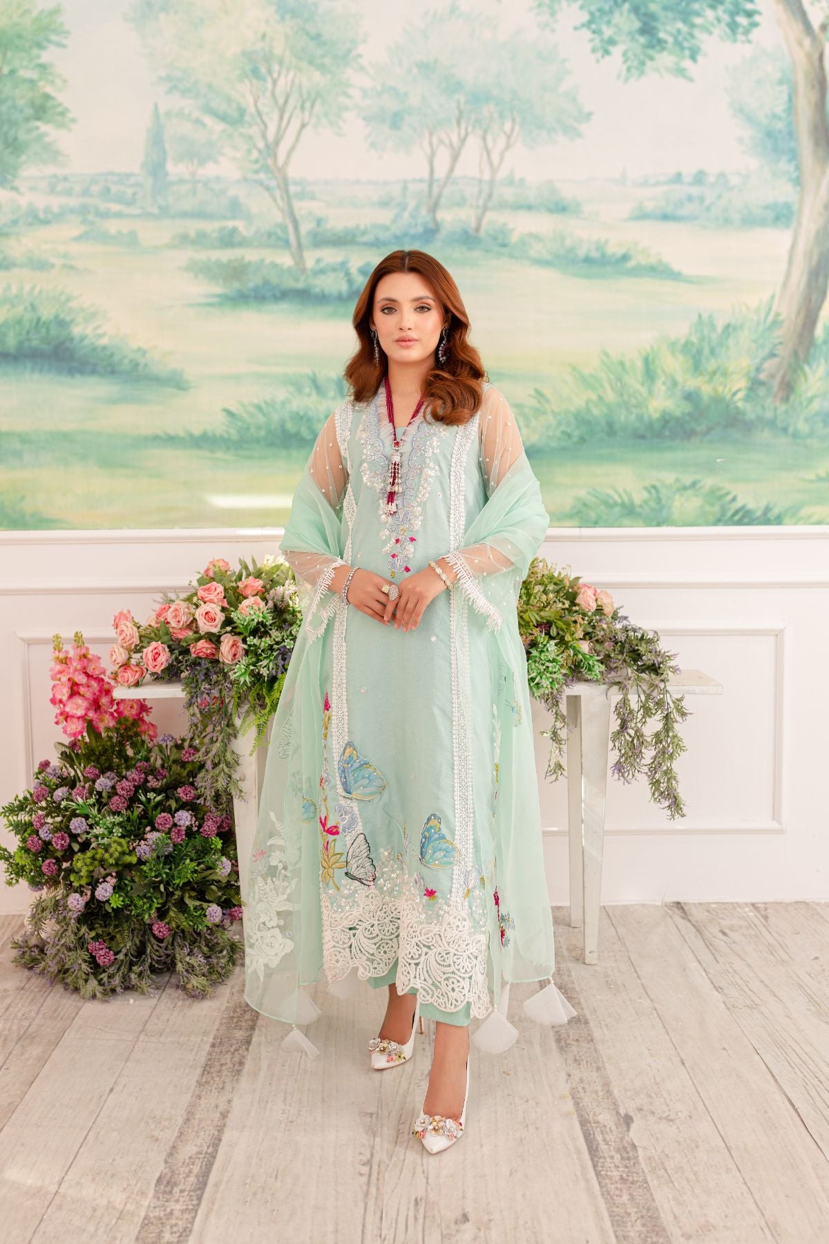 Pakistani Mint Embroidered Cotton Net Salwar Kameez (3-Piece) - Image 1