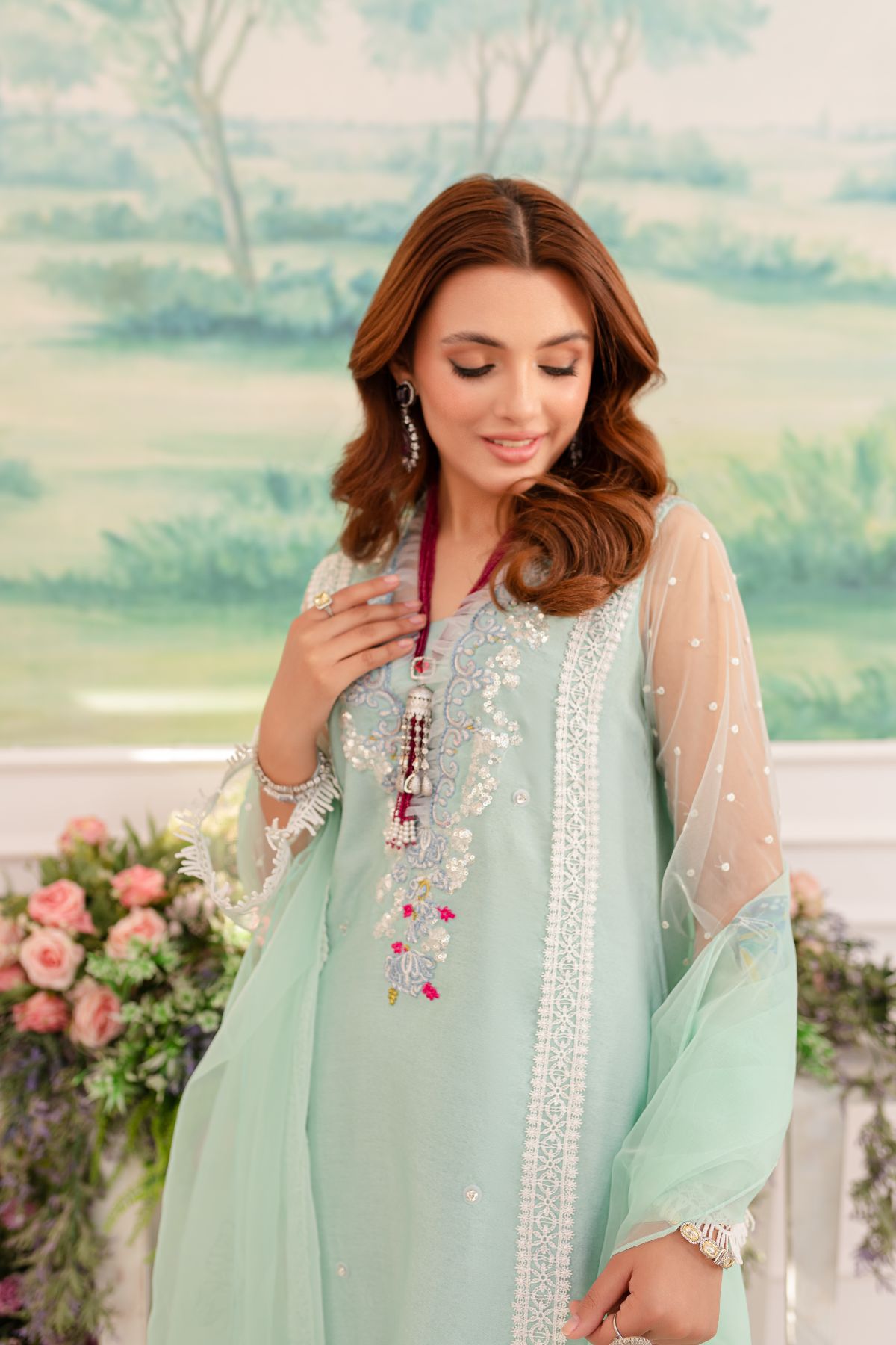 Pakistani Mint Embroidered Cotton Net Salwar Kameez (3-Piece) - Image 2