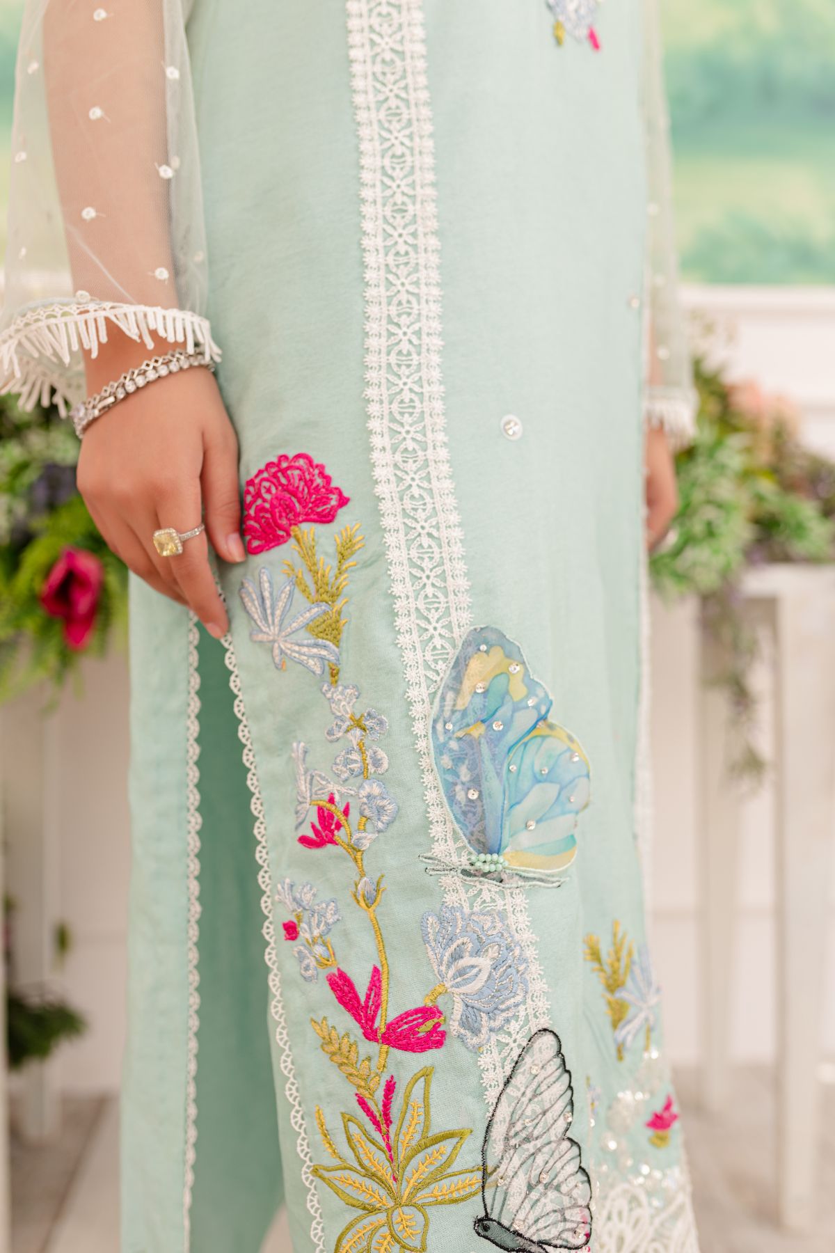 Pakistani Mint Embroidered Cotton Net Salwar Kameez (3-Piece) - Image 5