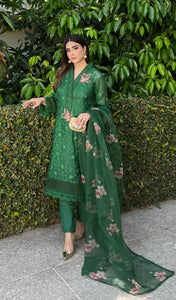 Green Embroidered Cotton Net Salwar Kameez (3-Piece) - Image 1