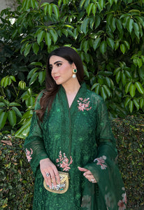 Green Embroidered Cotton Net Salwar Kameez (3-Piece) - Image 2