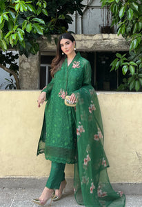 Green Embroidered Cotton Net Salwar Kameez (3-Piece) - Image 3