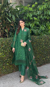 Green Embroidered Cotton Net Salwar Kameez (3-Piece) - Image 4