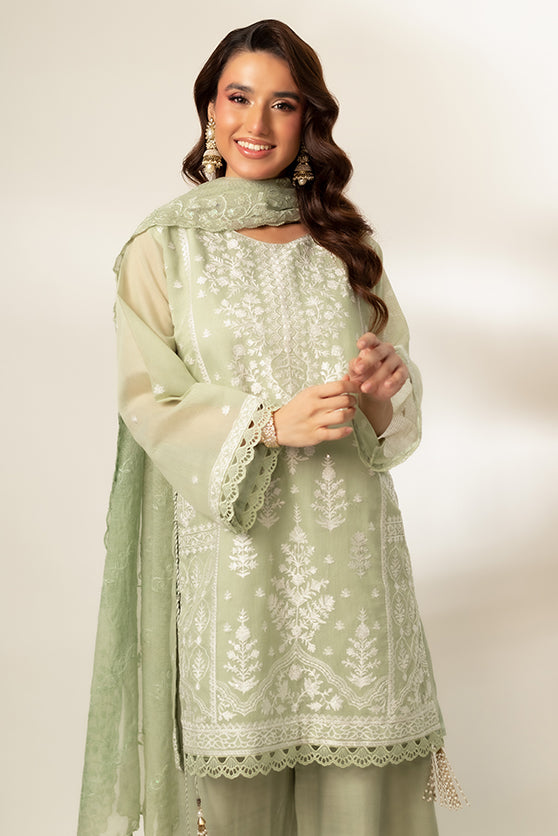 Pastel Green Embroidered Cotton Net Salwar Kameez (3-Piece) - Image 1