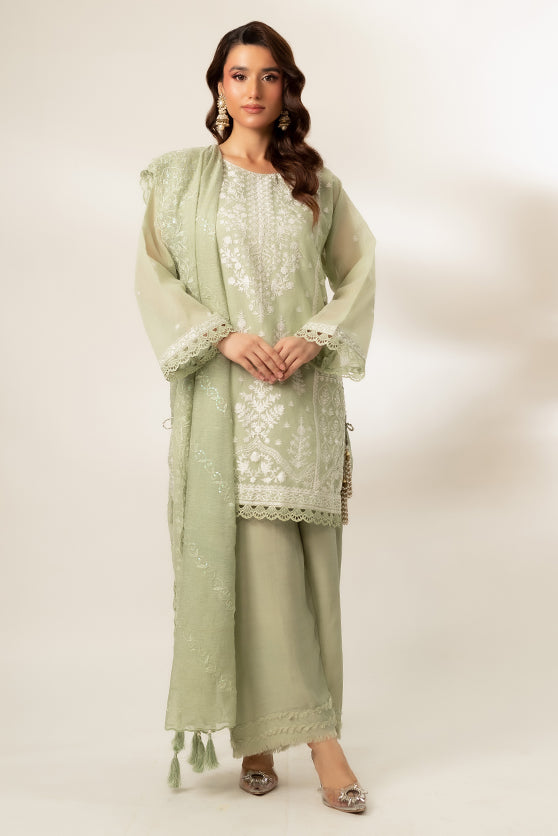 Pastel Green Embroidered Cotton Net Salwar Kameez (3-Piece) - Image 2