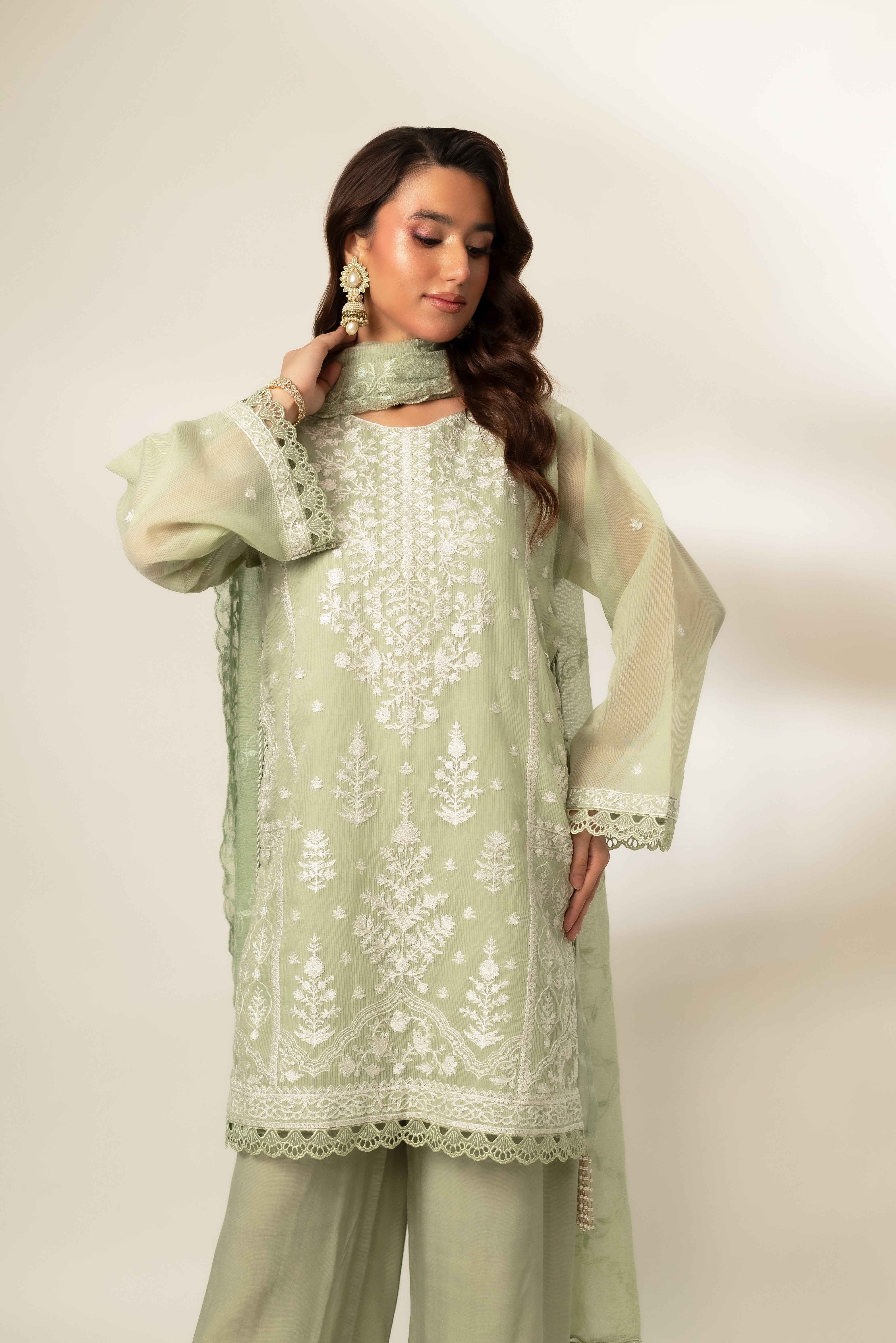 Pastel Green Embroidered Cotton Net Salwar Kameez (3-Piece) - Image 3