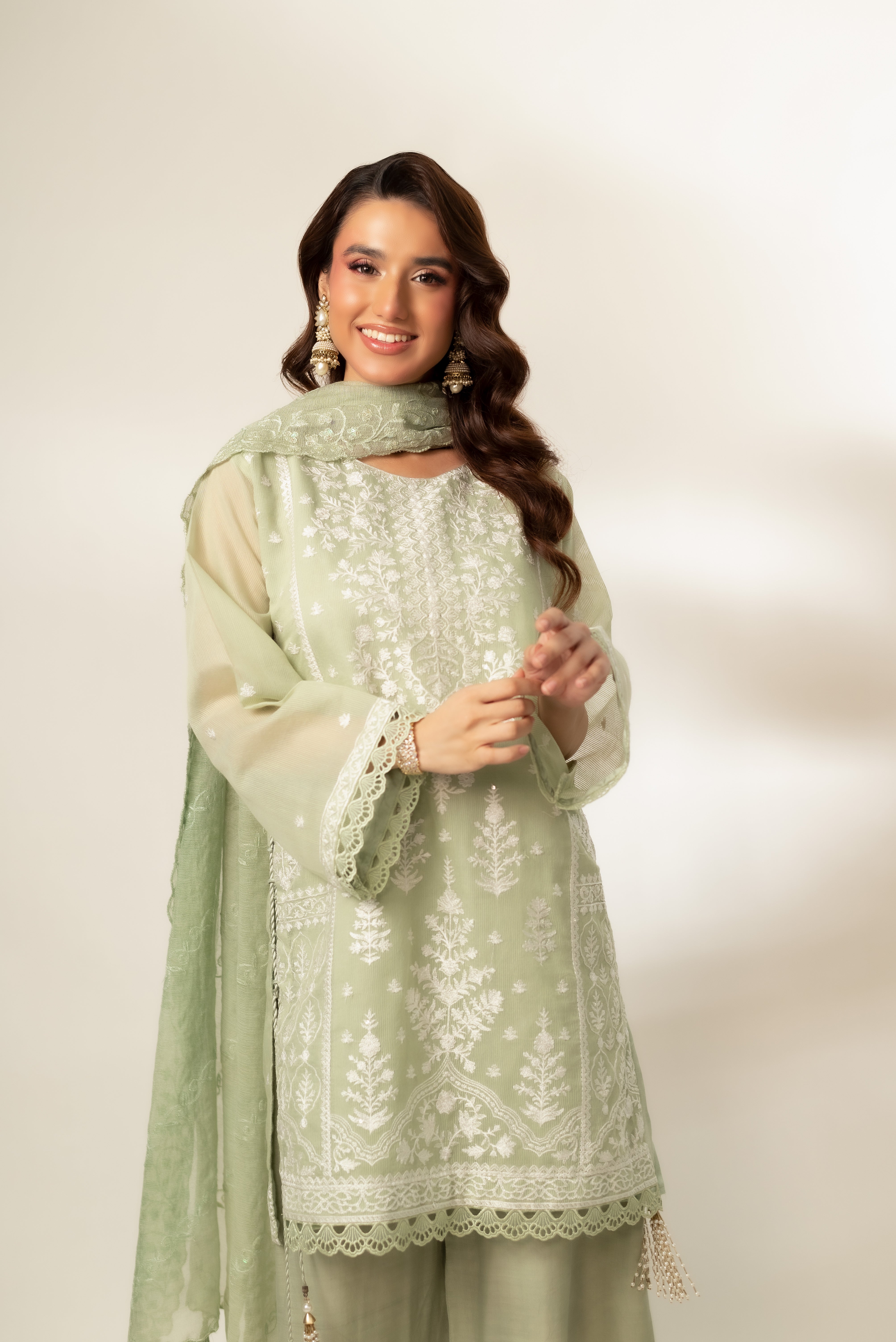 Pastel Green Embroidered Cotton Net Salwar Kameez (3-Piece) - Image 4